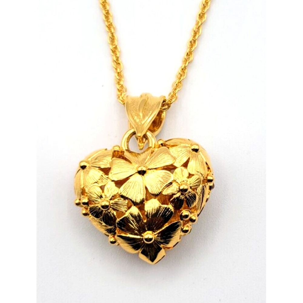 JOAN RIVERS FLOWER PUFFY HEART ENAMEL REVERSIBLE PENDANT NECKLACE SIGNED - Picture 2 of 4